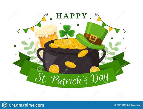 Happy St Patricks Day Illustration With Golden Coins Green Hat Beer Pub And Shamrock For