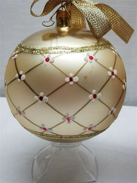 Vintage Christmas Tree Ornament Blown Glass Bauble Decoration Ball 5 Gold White Vintage