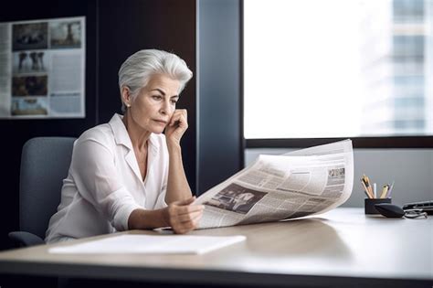 Foto De Uma Mulher Lendo Jornais No Escrit Rio Criada Ia Generativa