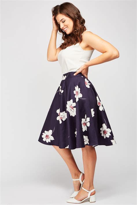 Flower Print Midi Flared Skirt Just