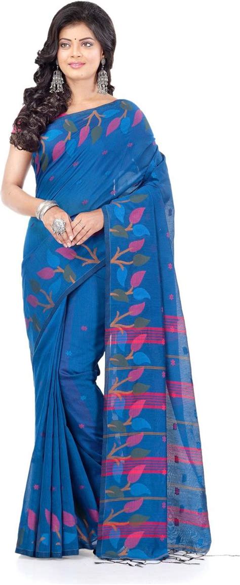 Buy Woodentant Women Light Blue Woven Cotton Silk Saree Online At Best