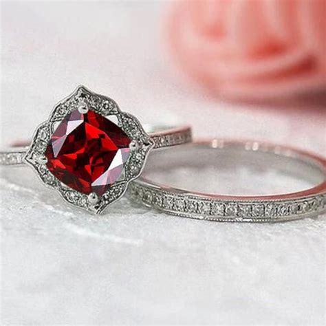 Garnet Engagement Ring Set Etsy