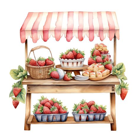 Premium Photo Watercolor Strawberry Market Stall Watercolor Clipart