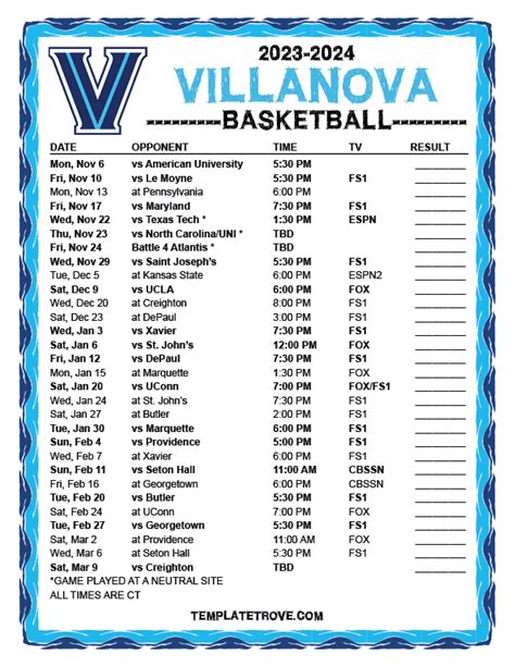 Printable 2023-2024 Villanova Wildcats Basketball Schedule