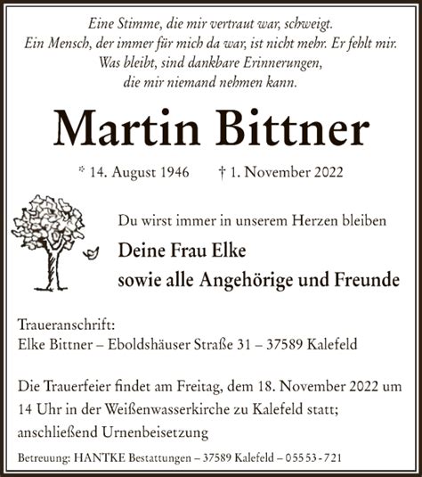 Traueranzeigen Von Martin Bittner Trauer Hna De