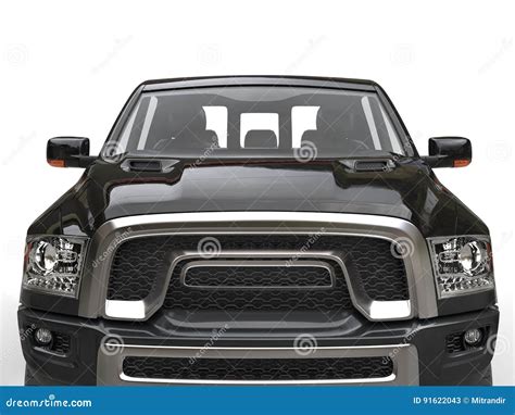 Jet Black Modern Pick Up Truck Front View Closeup Shot Stock