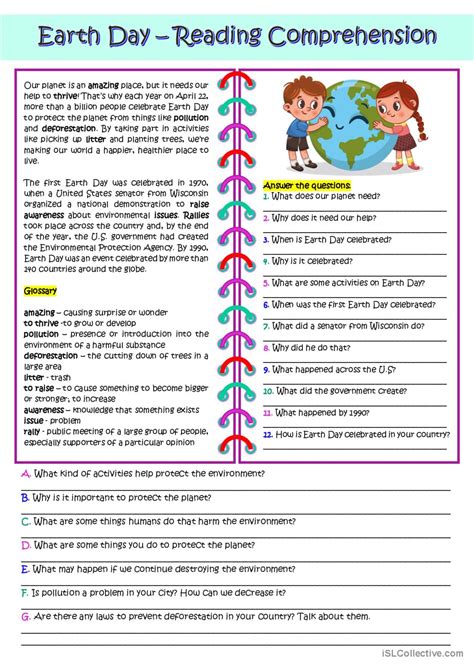 Earth Day Reading Comprehension English Esl Worksheets Pdf And Doc