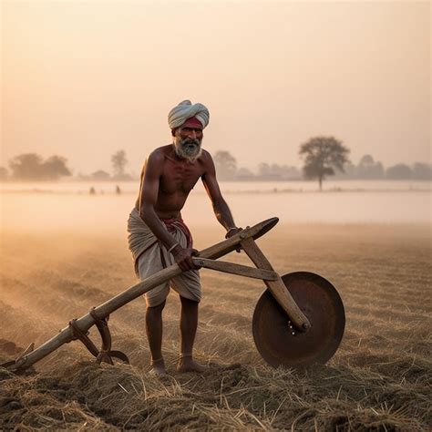 Indian Farmer Ploughing His Fields Using Traditional Wooden Plough