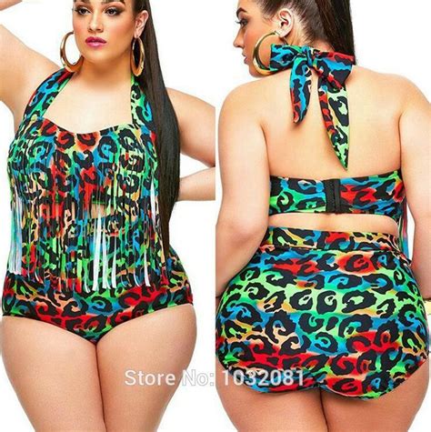 2019 2015 New Sexy Plus Size Swimwear Women Leopard Fringe Bikini High