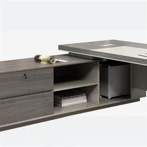 Executive Office Desk with Drawers L-Shape Design Long Grey-Non ...