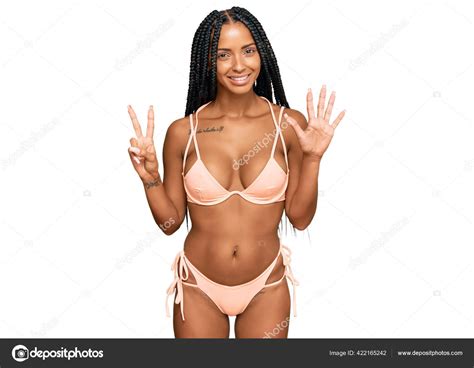Beautiful Hispanic Woman Wearing Bikini Showing Pointing Fingers Number Seven Stock Photo By