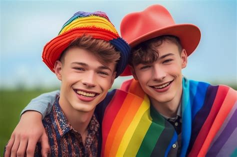 Premium Ai Image A Beautiful Happy Gay Couple With Rainbow Colors In A Flower Field Lgbtq