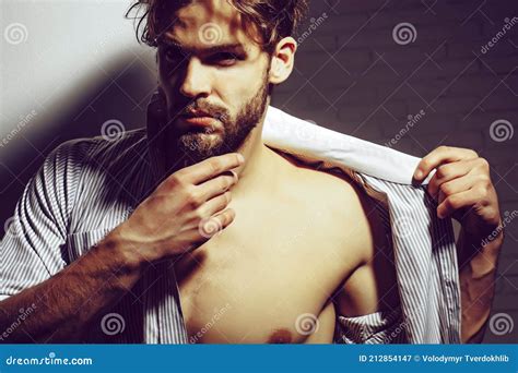 Man Or Muscular Athlete Gay With Muscle Torso In Unbutton Shirt Touches