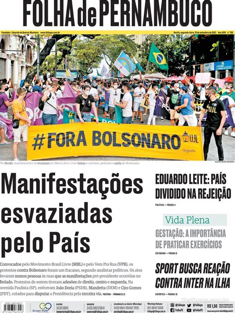 Capa Folha de Pernambuco Edição Segunda 13 de Setembro de 2021