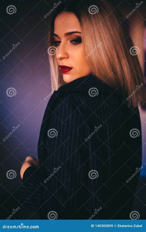 Attractive Blonde Women Wear Black Bra And Jacket Evening Make Up