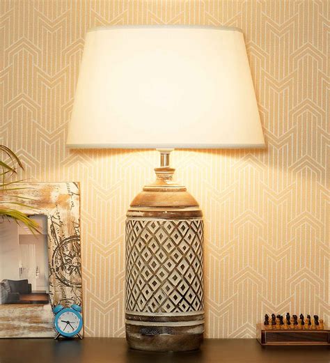 Buy Alper White Cotton Shade Night Lamp With Wood Base By Kapoor