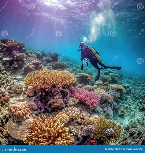 Scuba Diving.Underwater Scene Beautiful Sea Life Stock Illustration ...