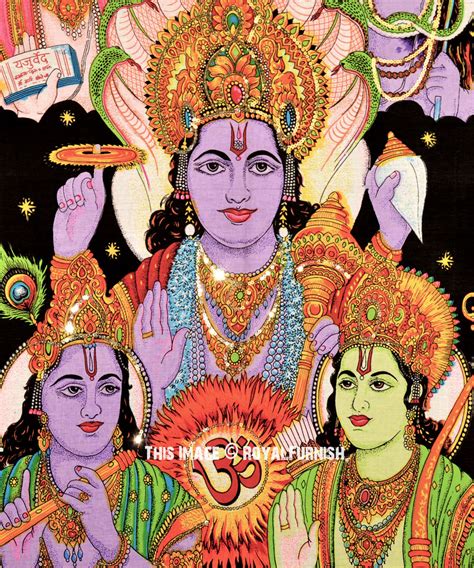 Five Hindu Lord Brahma Vishnu Shiva Krishna And Ram Fabric Poster