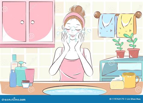 Cartoon woman wash face stock vector. Illustration of relaxation - 119763179