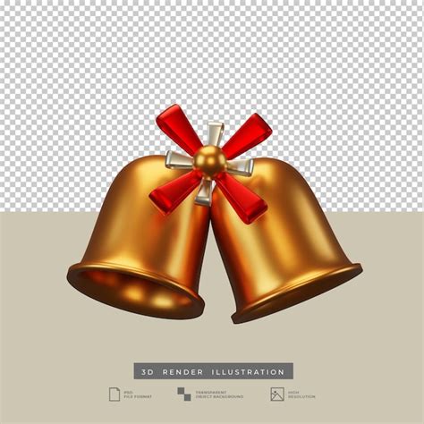 Ilustração 3d de sino de natal dourado arco vermelho e prata PSD