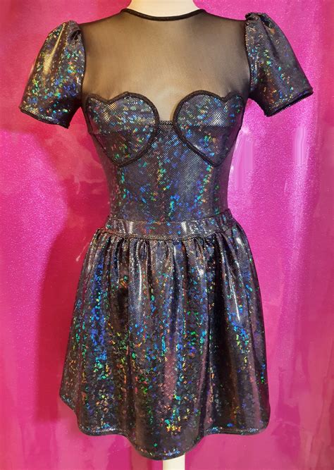 Holographic BLACK Holo DISCO TITS Sheer Sparkle Top And Skirt Etsy