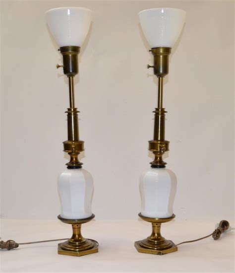 Pair Stiffel Style Brass Porcelain Milk Glass Globe Table Lamps