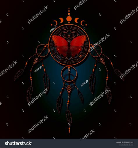 Butterfly On Dreamcatcher Mandala Ornament Moon Stock Vector Royalty