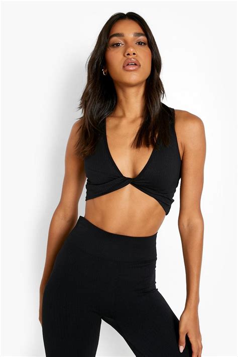 Womens Black Seamless Rib Twist Front Crop Top Boohoo Uk