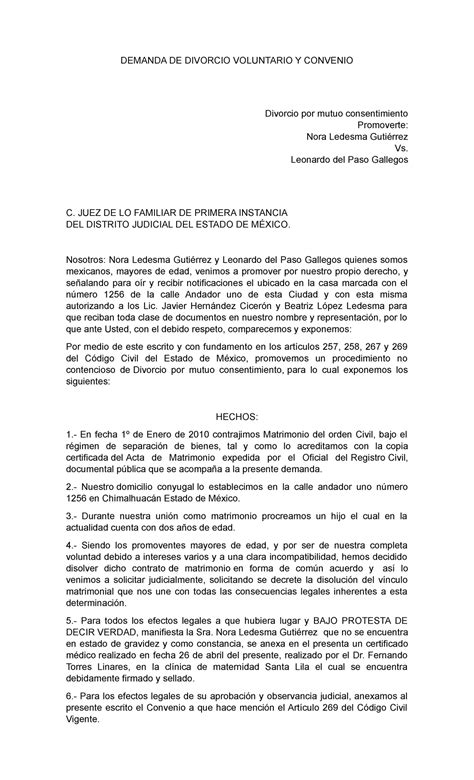 Demanda DE Divorcio Voluntario Y Conveni DEMANDA DE DIVORCIO