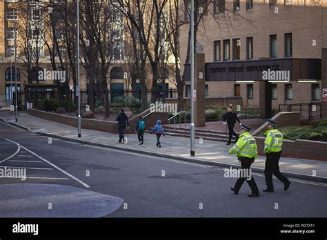 London Uk February 2019 Policemen Patrolling The Streets In The