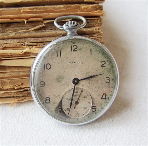 Russian Vintage Pocket Watch Molnija Mens Pocket Watch