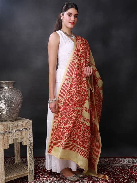 Golden Apricot Nakshi Kantha Dupatta With Red Thread Heavy Hand