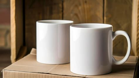 Premium Photo Two White Coffee Mugs Sitting On Top Of A Cardboard Box