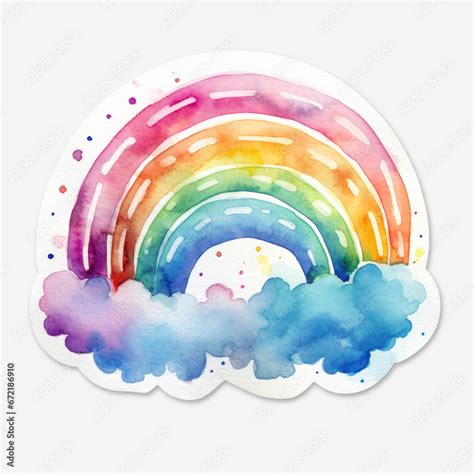 Colorful Pastel Watercolour Aquarelle Rainbow Sticker With Clouds And