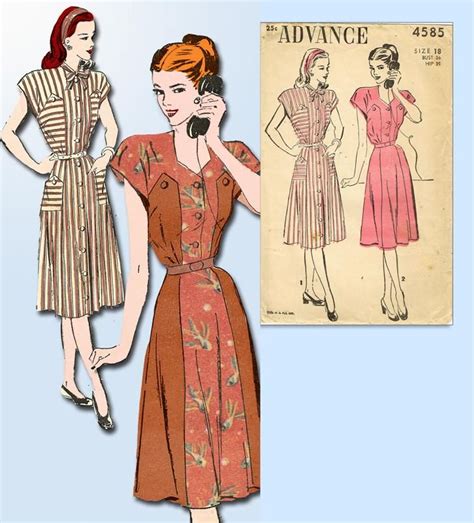 1940s Vintage Advance Sewing Pattern 4585 Uncut Misses Day Dress Size