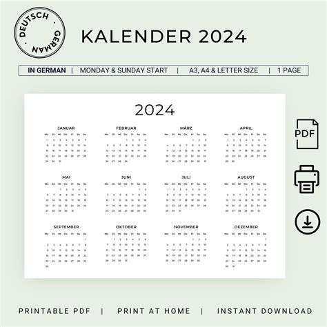 Kalender 2024 Kalender Deutsch Jahreskalender 2024 Yearly Calendar 2024