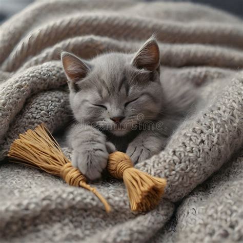 Gray Kitten Sleeping On Gray Plaid Wool Blanket Stock Illustration