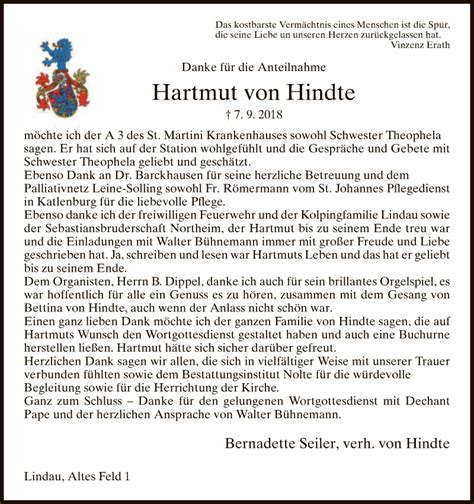 Traueranzeigen Von Hartmut Von Hindte Trauer HNA De