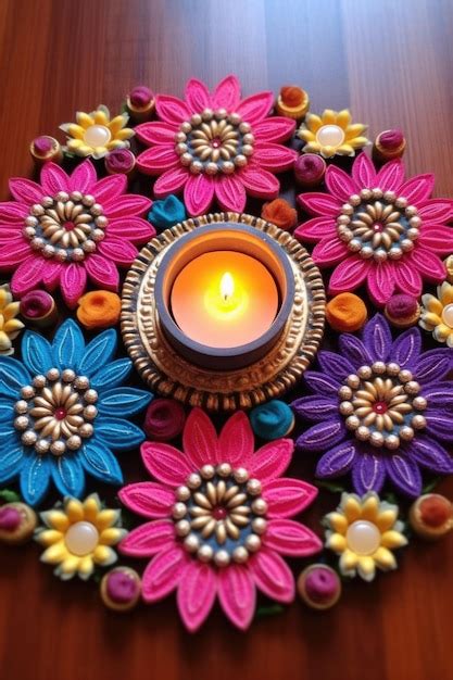 Premium AI Image | Diwali diyas arrangement with colorful rangoli ...