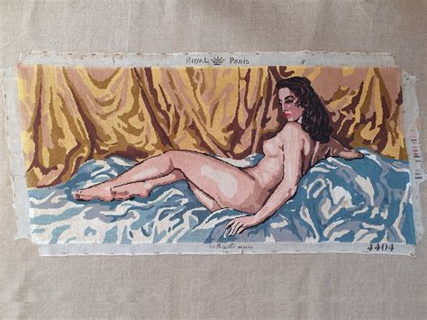 Vintage Nude Needlepoint Finished Tapestry Naked Woman Art Nouveau