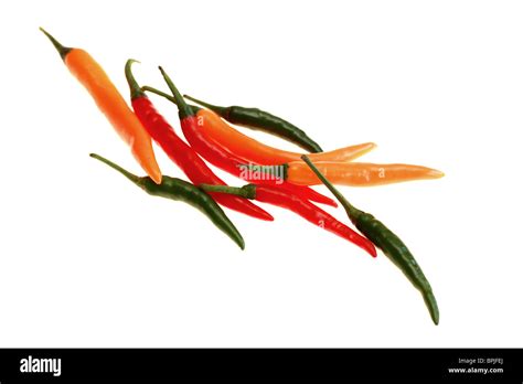 Fresh Hot Spicy Whole Raw Uncooked Chillies Agains A White Background With Copy Space And A