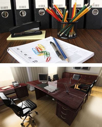 Desks, chairs, lighting, office supplies, paper, pens, Sharpie, office ...