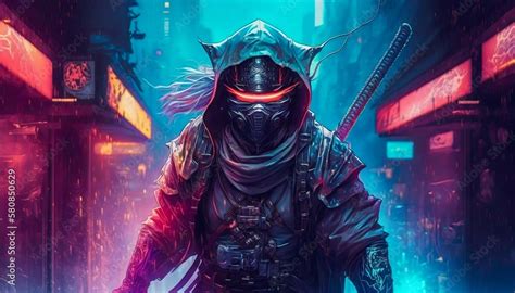 Shadow Warrior Cyberpunk Ninja Generative AI Stock Illustration