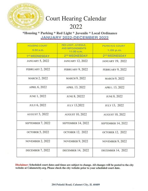 2022 Court Hearing Dates Calumet City