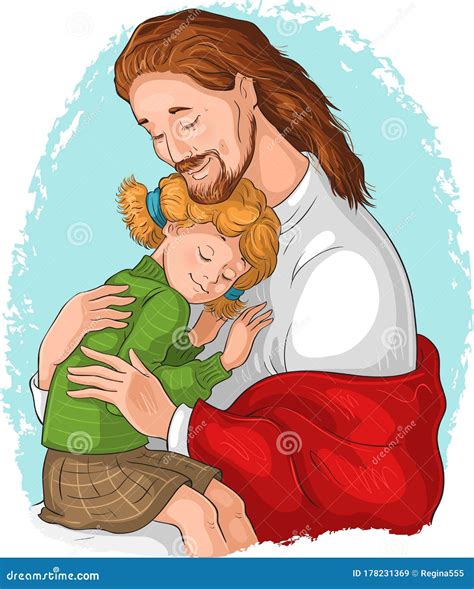 The Embrace Of God Jesus Hugging Girl Vector Cartoon Illustration