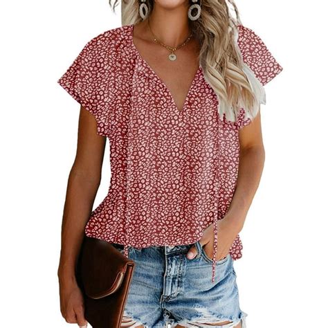 Fantaslook Blouses For Women Floral Print V Neck Ruffle Short Sleeve