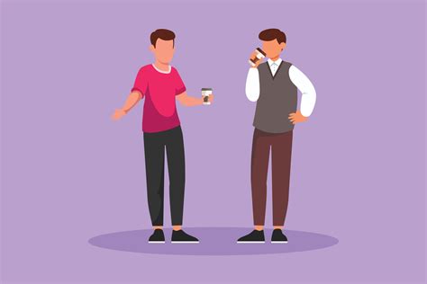 Graphic Flat Design Drawing Two Men Drinking Coffee And Stand In Cafe