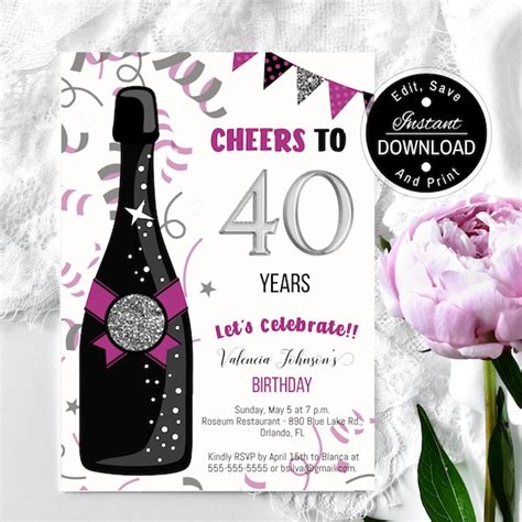 Editable 40th Birthday Invitation Template For Woman Instant Etsy