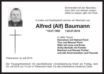 Traueranzeigen Von Alfred Baumann Nordbayerischer Kurier