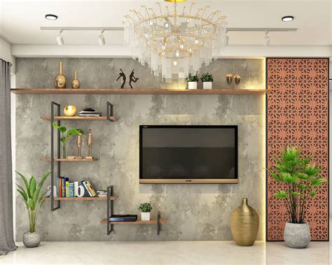 Compact TV Unit Design With Terracotta Jali Livspace